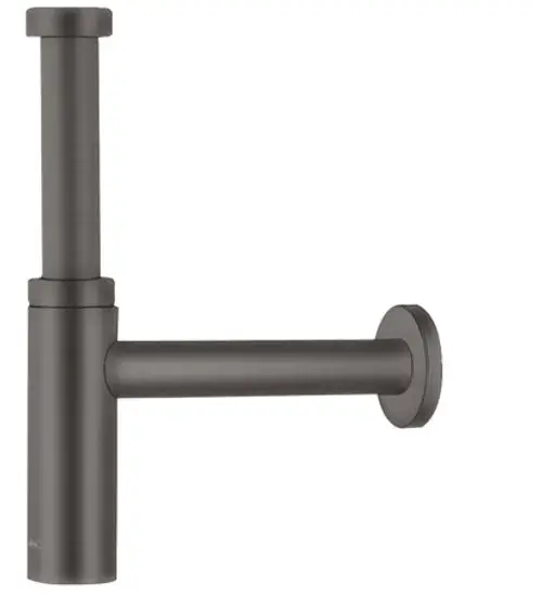 Hansgrohe Siphon in Brushed Black Chrome, bestehend aus einem vertikalen Rohr und einem horizontalen Abflussrohr, für den Einsatz im Badezimmer.